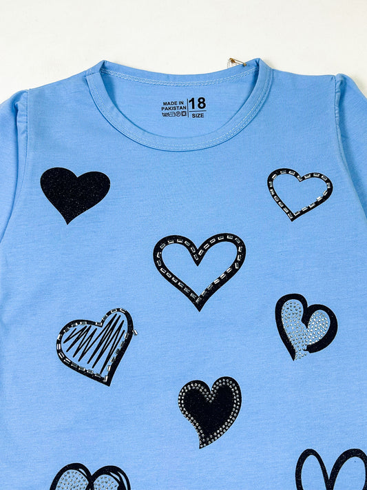 3Yrs - 8Yrs Heart Sky Blue T-Shirt For Girls GTS139