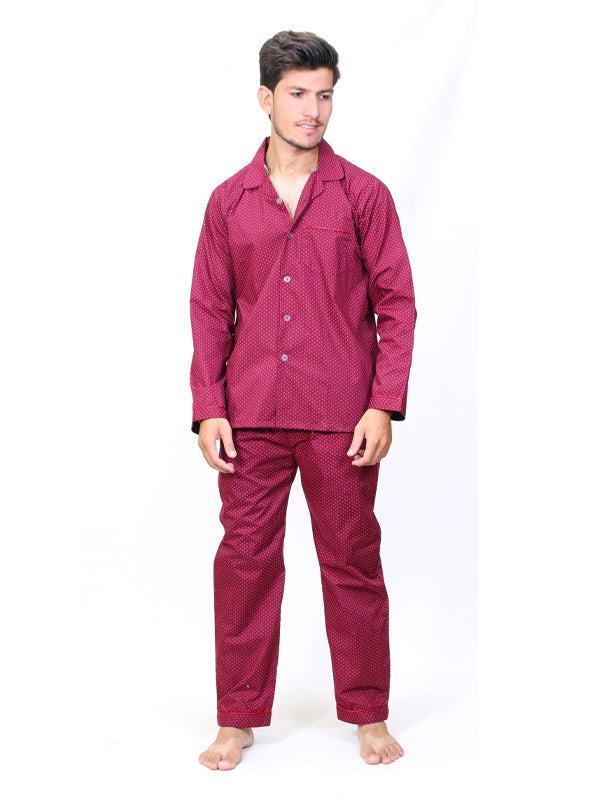 Men's 100% Cotton Printed Night Suit Design 01 Maroon Red