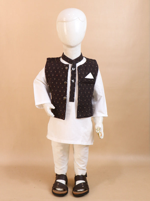 1Yrs - 9Yrs Dark Brown Waistcoat with White Kurta Pajama Suit For Boys BKS69