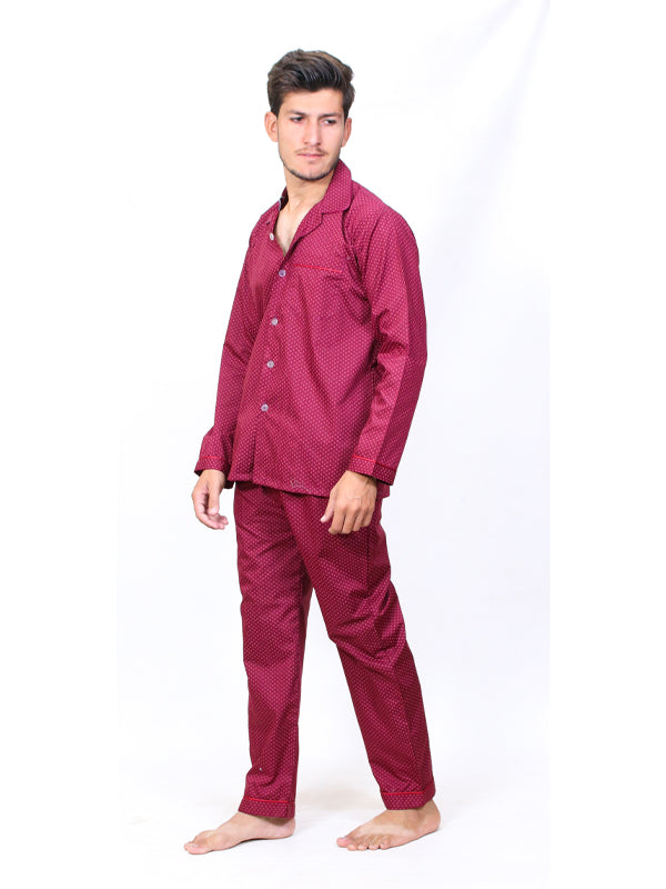 Men's 100% Cotton Printed Night Suit Design 01 Maroon Red