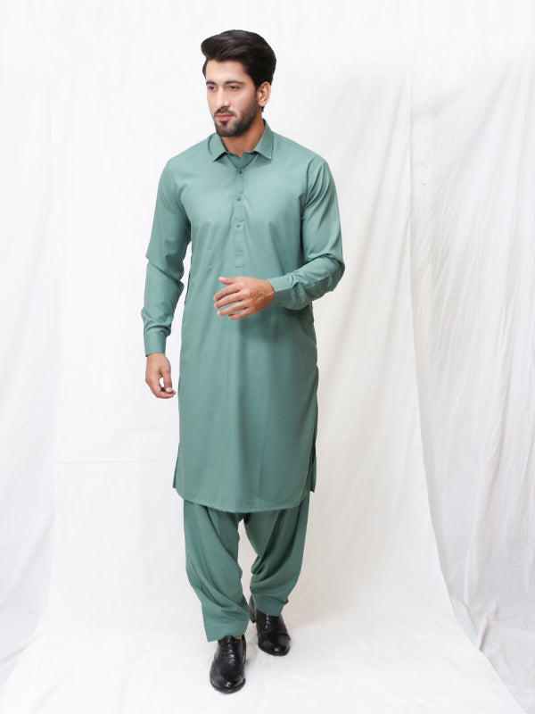 461 Men's Kameez Shalwar Stitched Suit Shirt Collar Green Shade