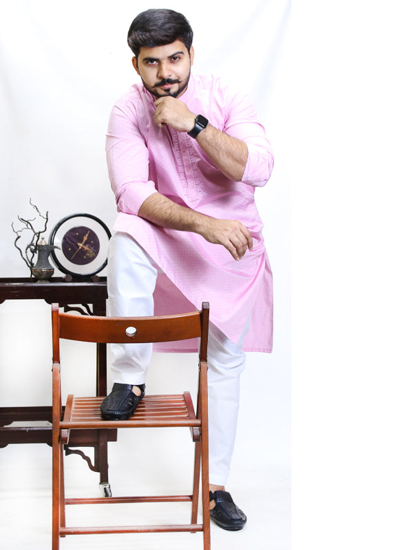 AM Men's Chambray Embroidery Kurta Light Pink