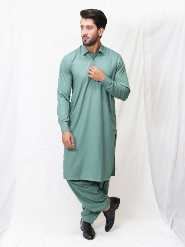 461 Men's Kameez Shalwar Stitched Suit Shirt Collar Green Shade