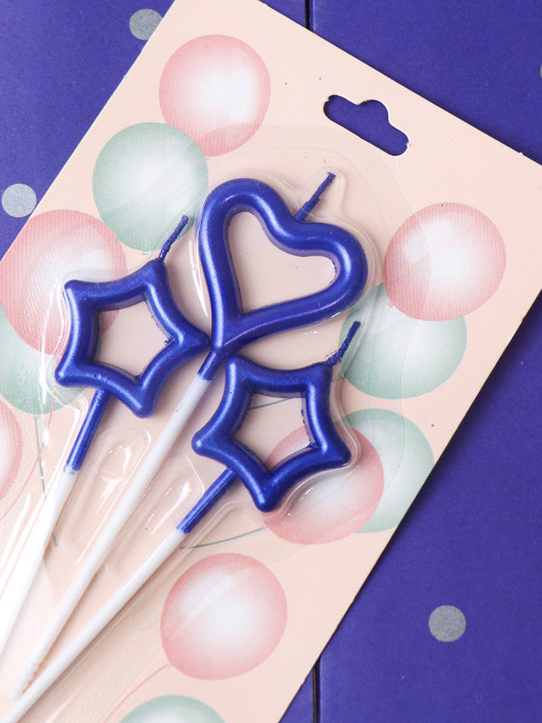 Pack Of 3 Heart & Stars Blue Cake Candles Set For Decoration BP26