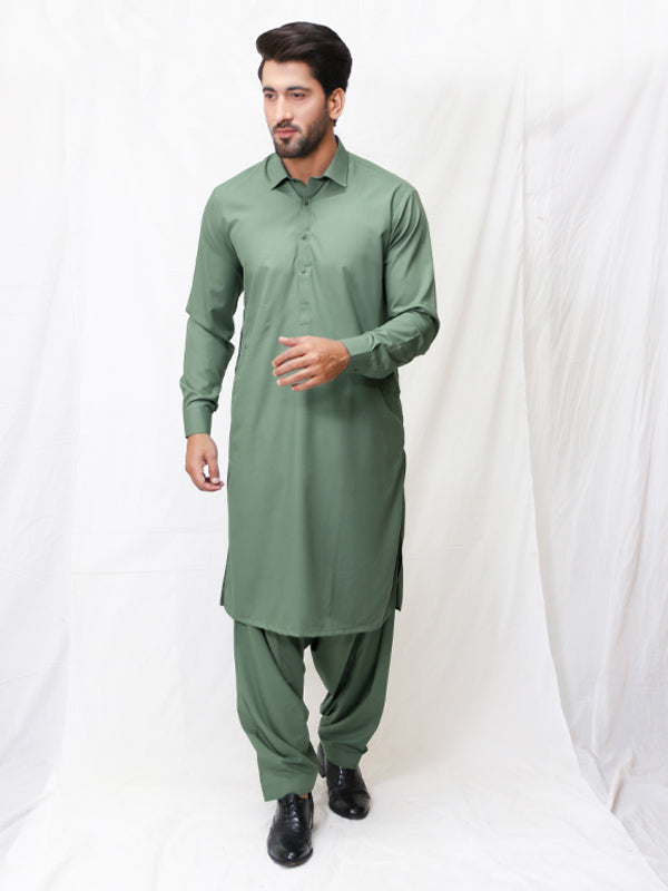 461 Men's Kameez Shalwar Stitched Suit Shirt Collar Green