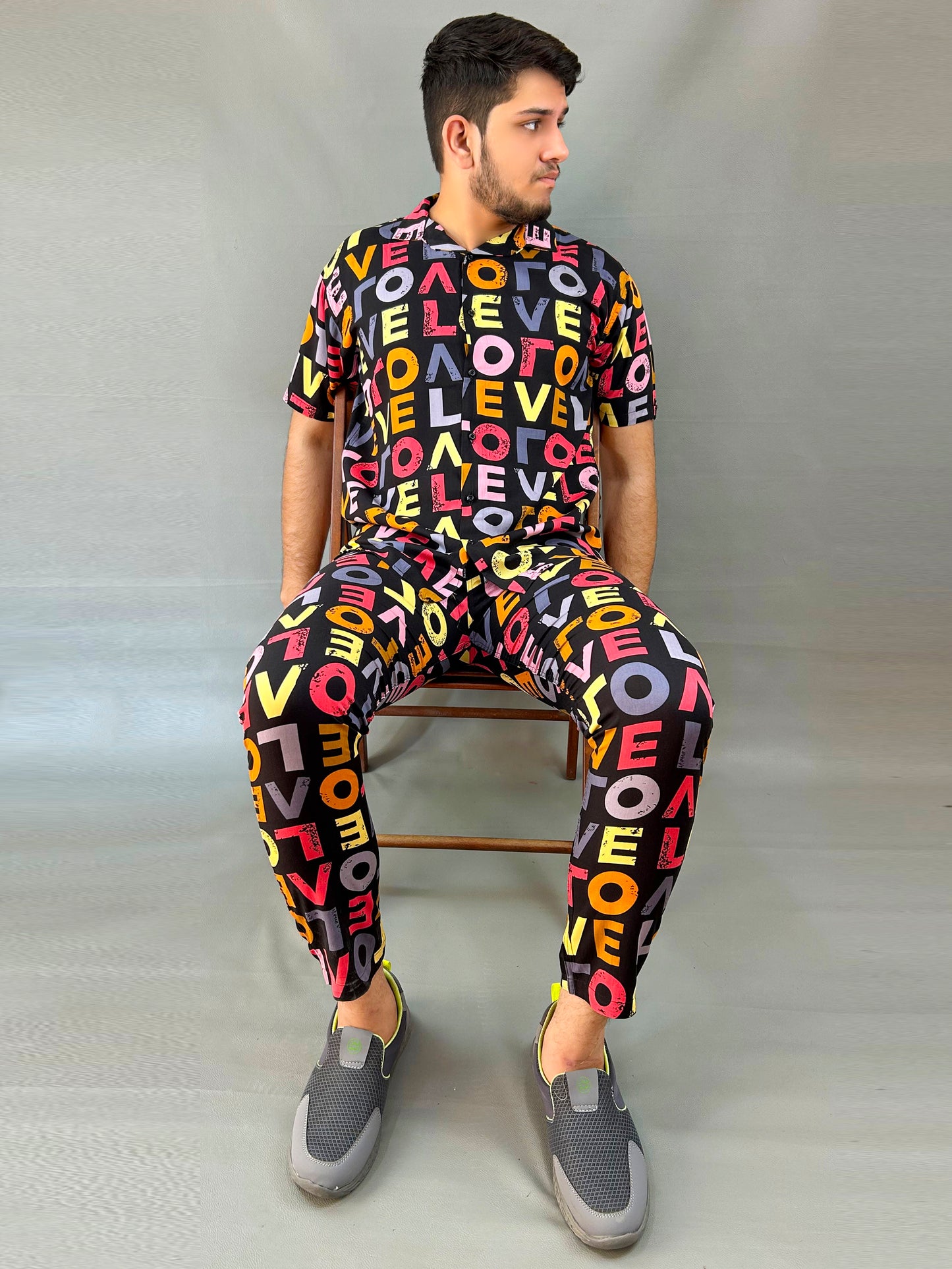 Black Printed Linen Co-Ords Set For Men MTS
