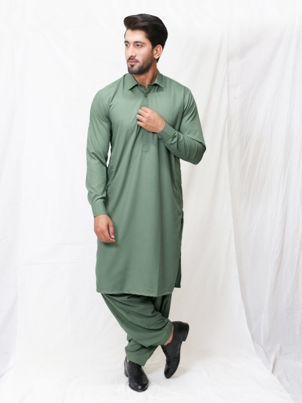 461 Men's Kameez Shalwar Stitched Suit Shirt Collar Green
