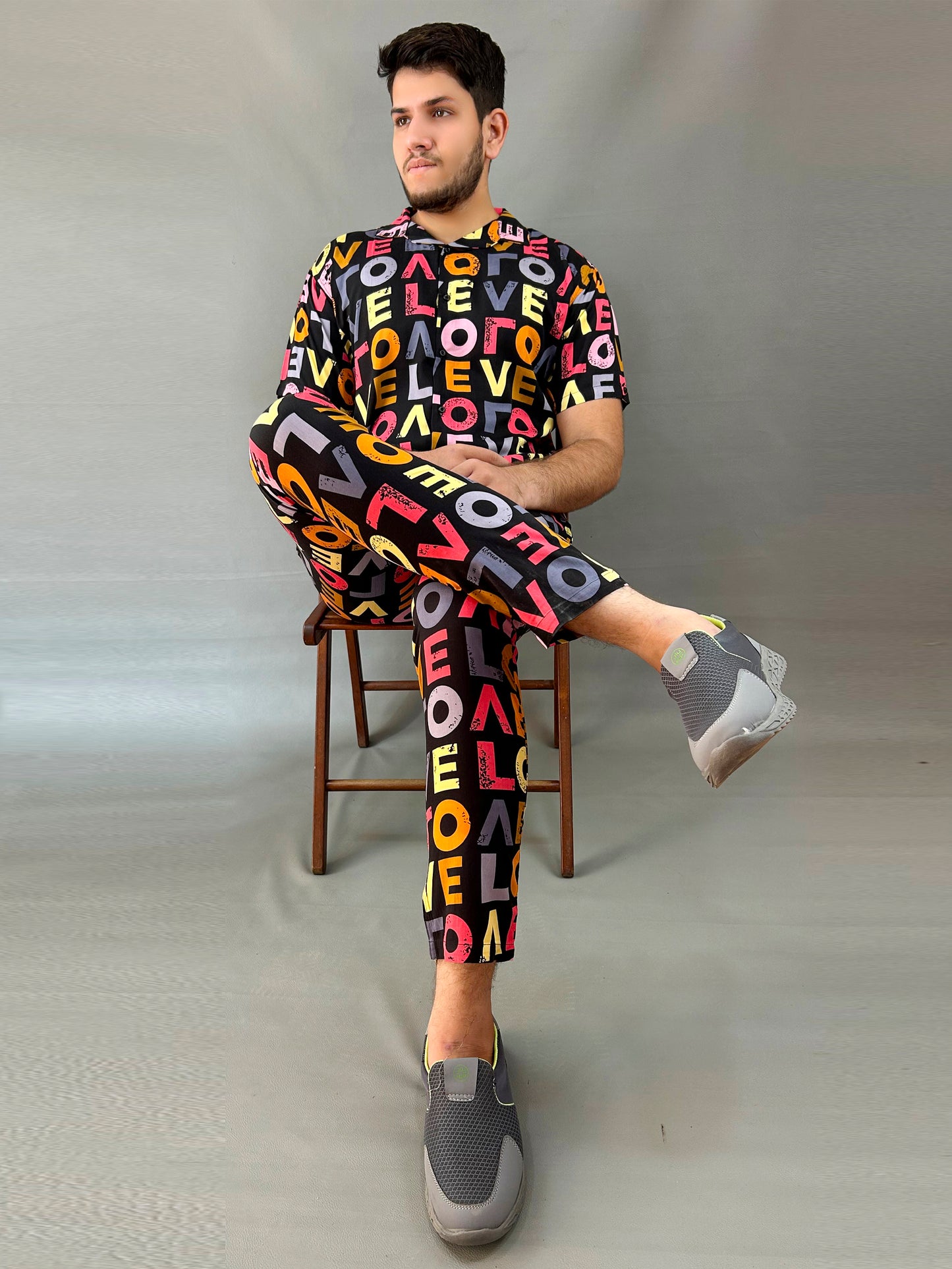 Black Printed Linen Co-Ords Set For Men MTS