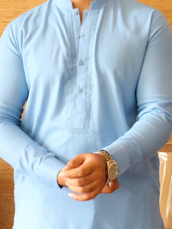 461/1E Men's Kameez Shalwar Stitched Suit Sherwani Collar Sky Blue