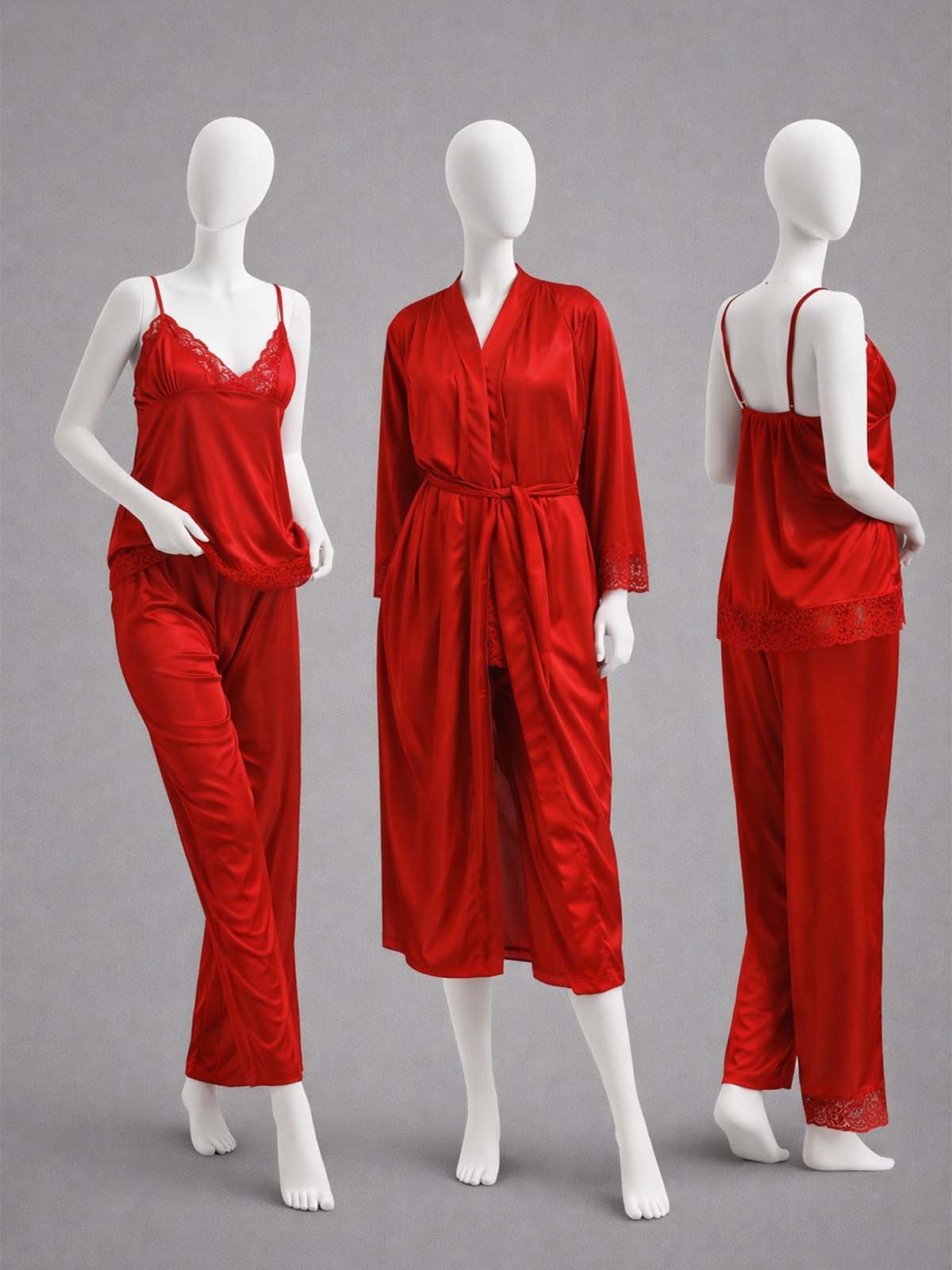 3 Piece Satin Red Nighty Lingerie Set for Girls and Women WSN22