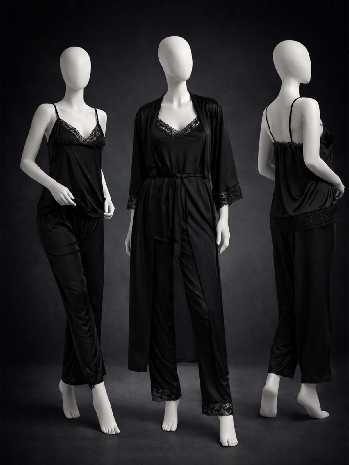 3 Piece Satin Black Nighty Lingerie Set for Girls and Women WSN24