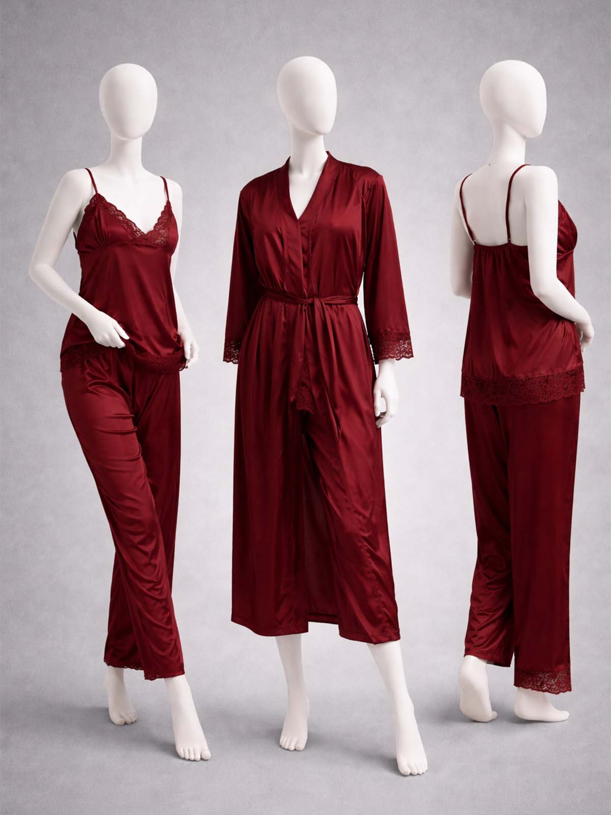 3 Piece Satin Maroon Nighty Lingerie Set for Girls and Women WSN25