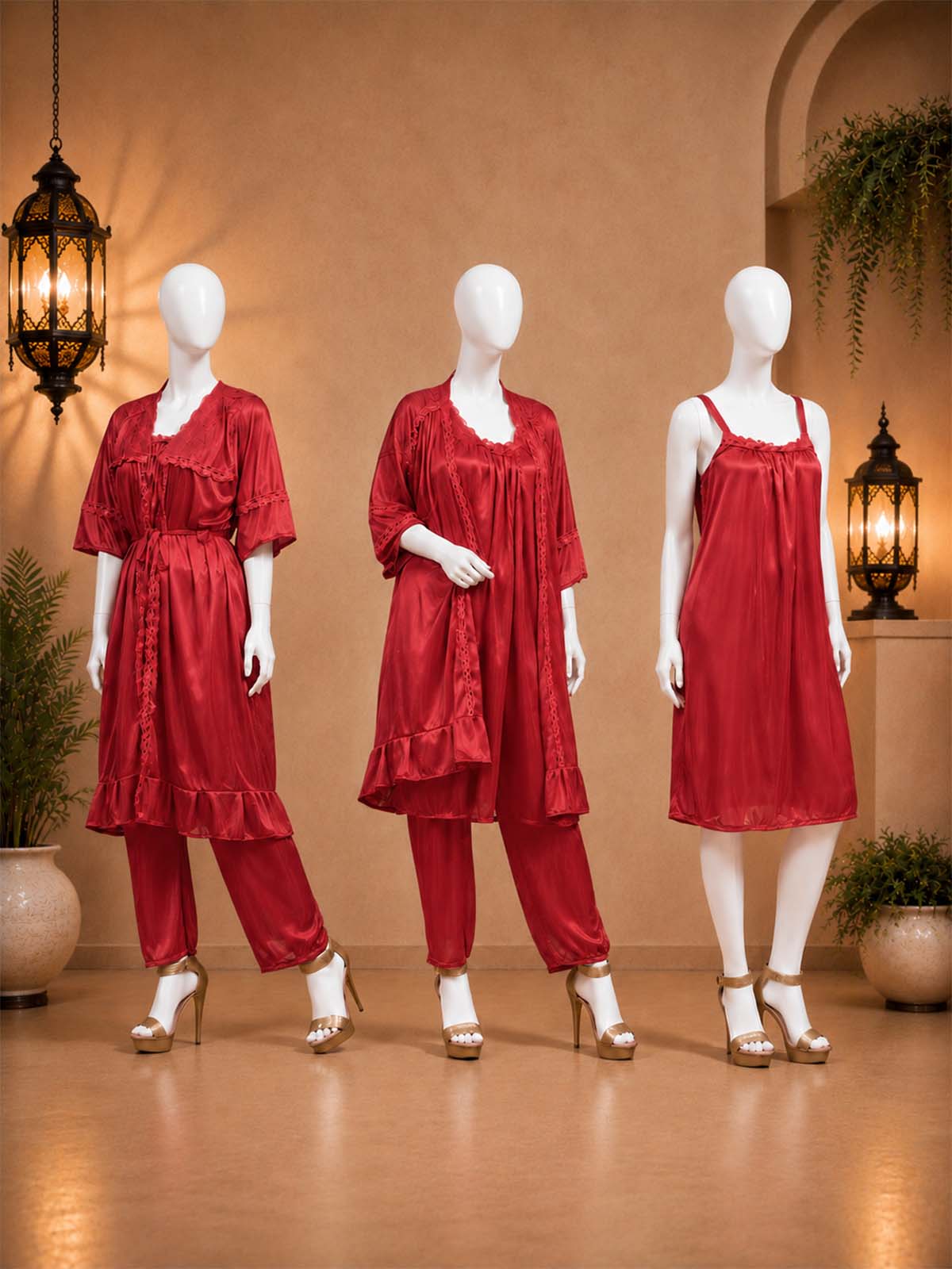 3 Piece Satin Red Nighty Set for Girls and Women WSN35