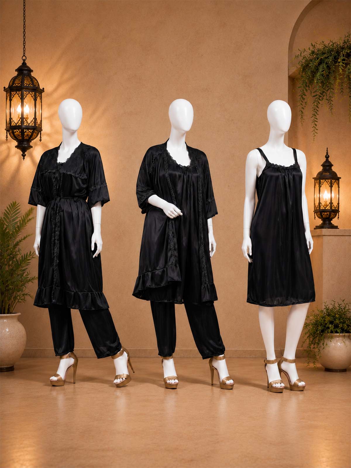 3 Piece Satin Black Nighty Set for Girls and Women WSN37