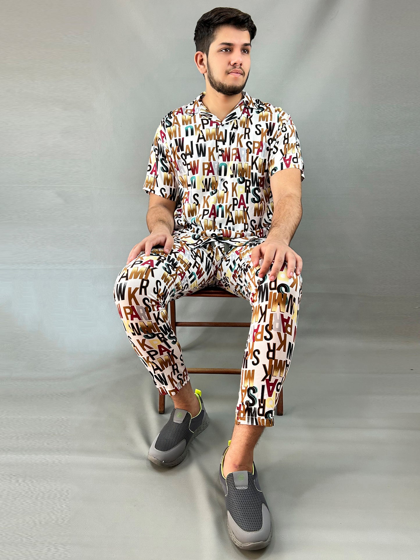 White Alphabets Printed Linen Co-Ords Set For Men MTS