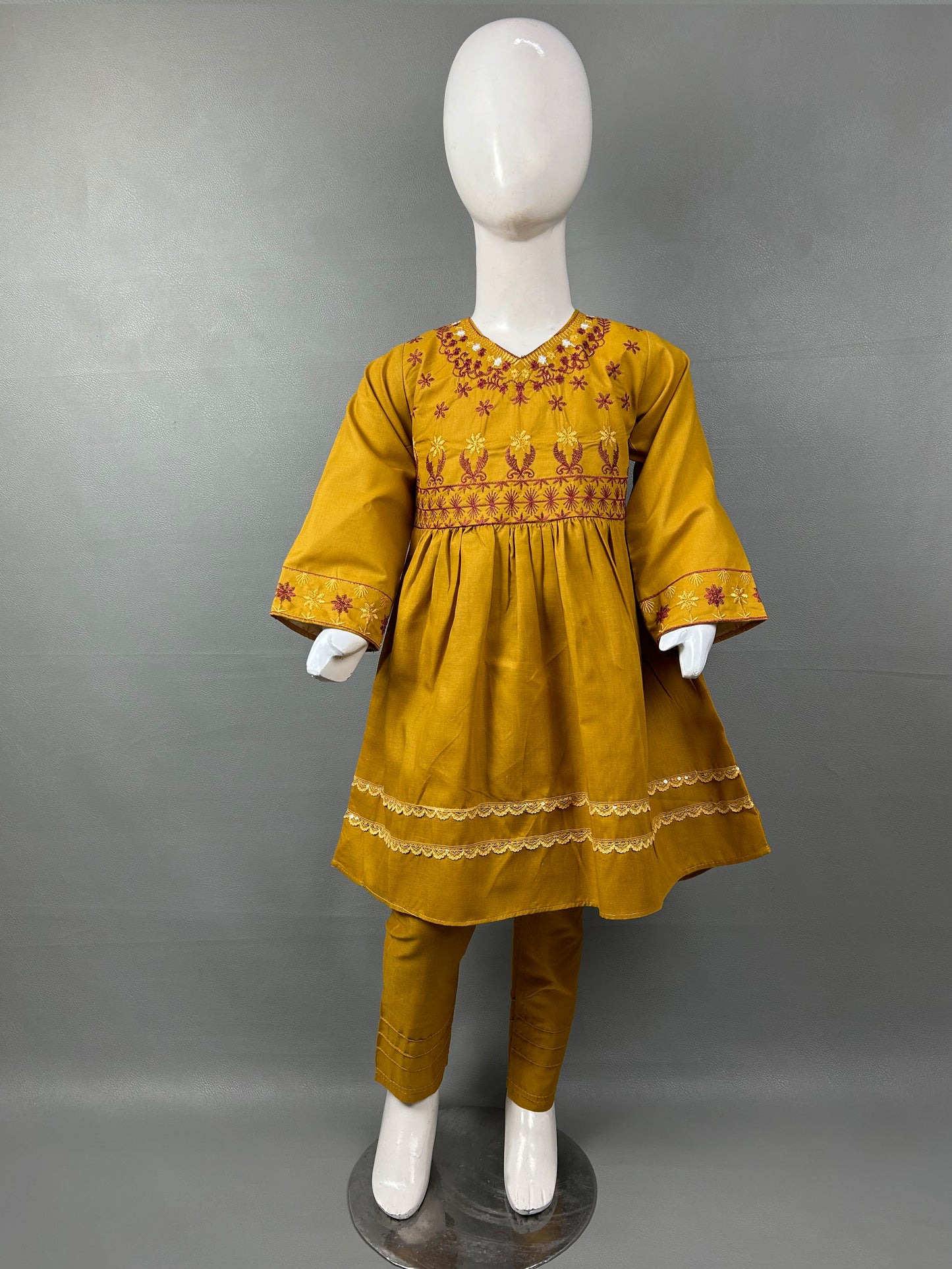 5Yr - 12Yrs Dark Mustard Embroidered Suit For Girls RZ GS192
