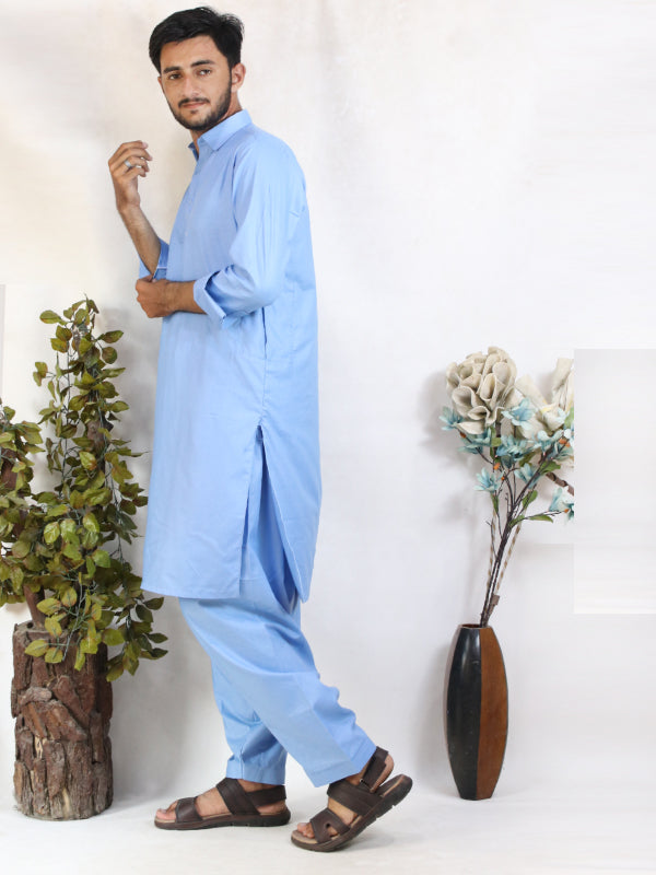 MSK47 AN Men's Kameez Shalwar Plain Stitched Suit Shirt Collar Sky Blue