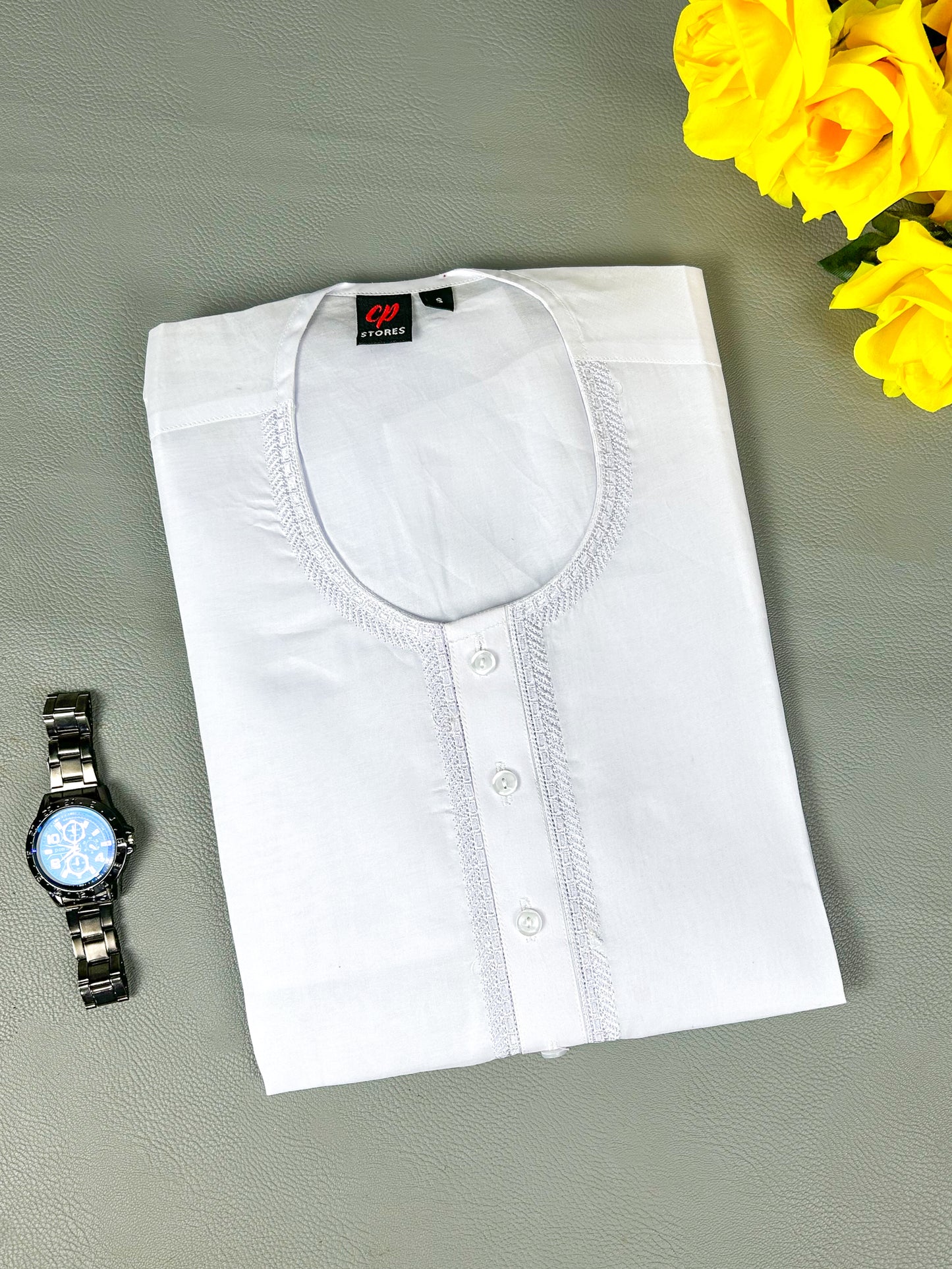 Neel White 100% Cotton Magsi Collar Kurta for Men MK12