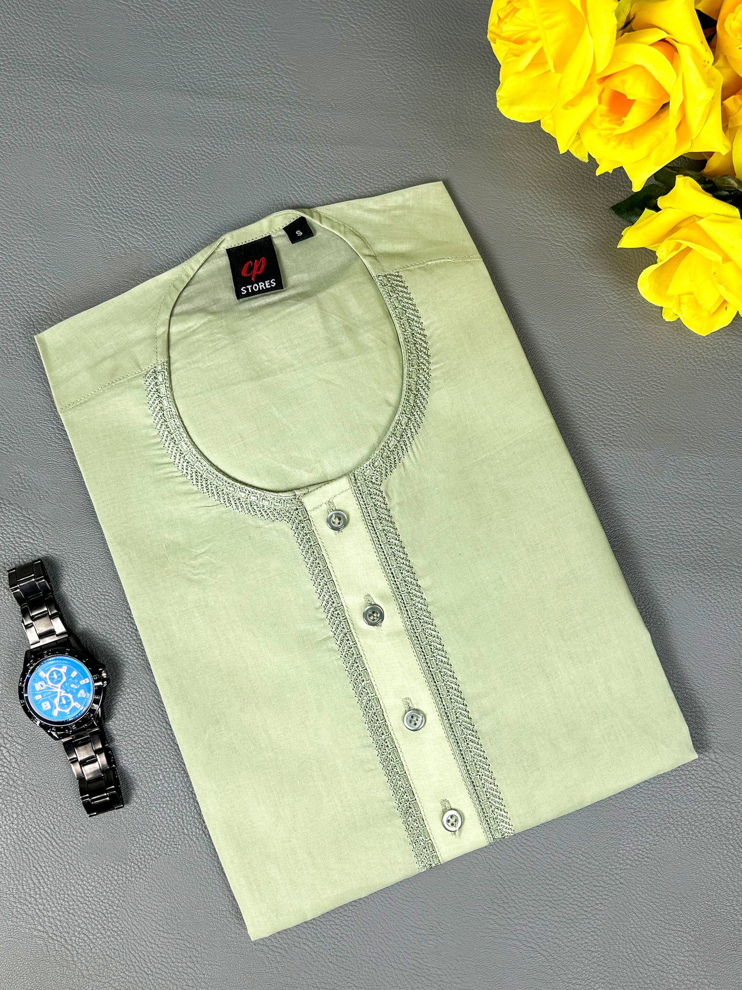 Light Green 100% Cotton Magsi Collar Kurta for Men MK11