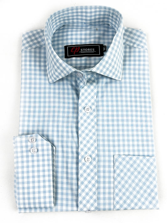 Sky Blue Checks Formal Dress Shirt For Men MFS305