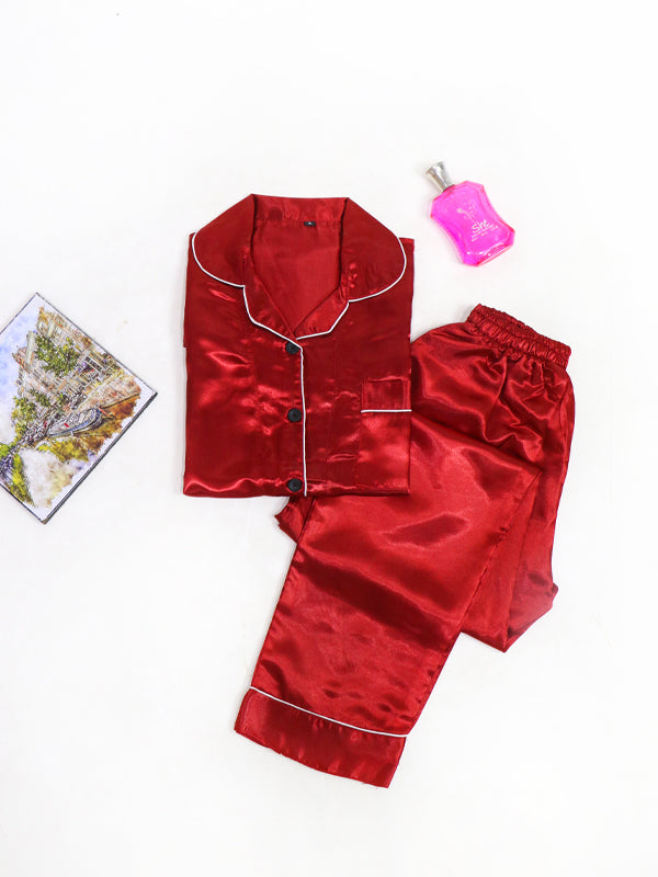 Red Plain Silk Night Suit For Womens/Girls WNS02