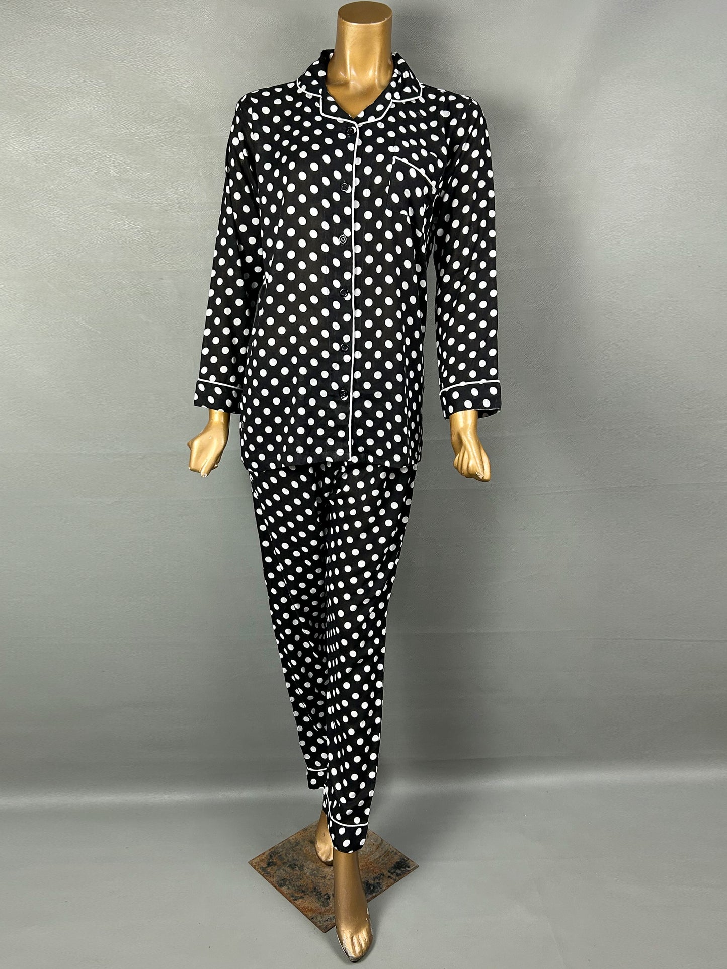 White Polka Dots Linen Printed Night Suit For Women WNS32