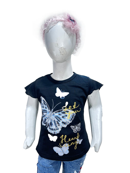 2.5Yrs - 7Yrs SK Betterfly Black T-Shirt For Girls  GTS64