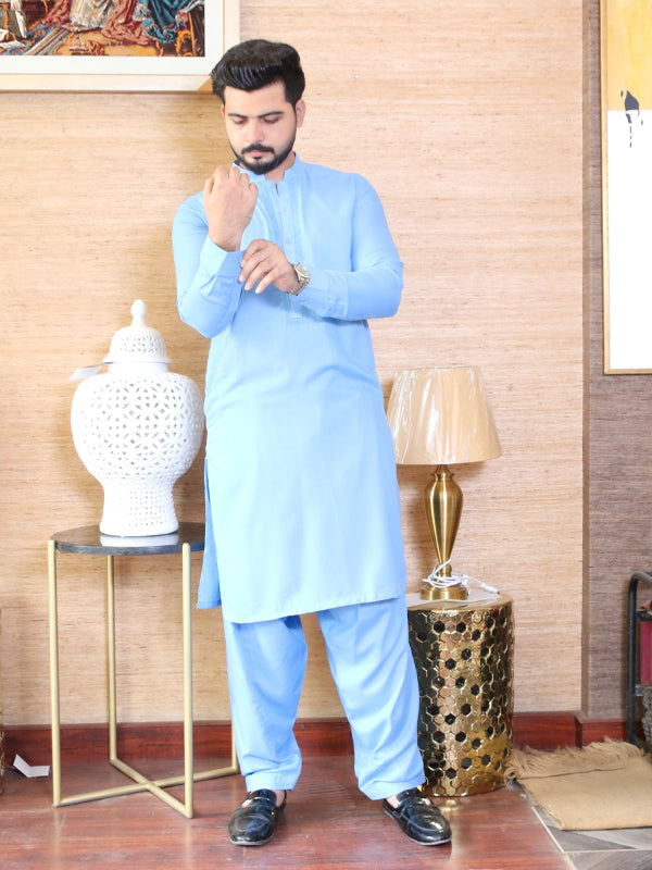 461/1E Men's Kameez Shalwar Stitched Suit Sherwani Collar Sky Blue