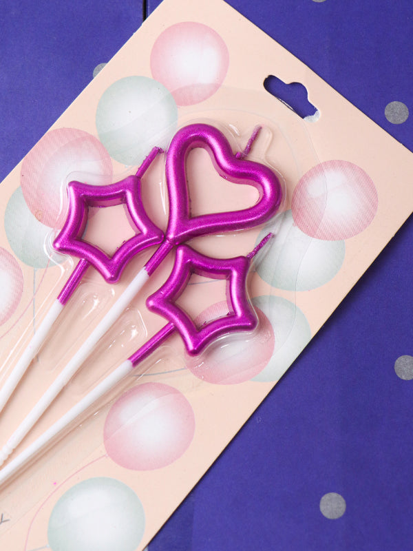 Pack Of 3 Heart & Stars Shocking Pink Cake Candles Set For Decoration BP26