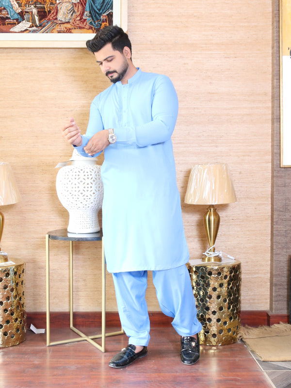 461/1E Men's Kameez Shalwar Stitched Suit Sherwani Collar Sky Blue