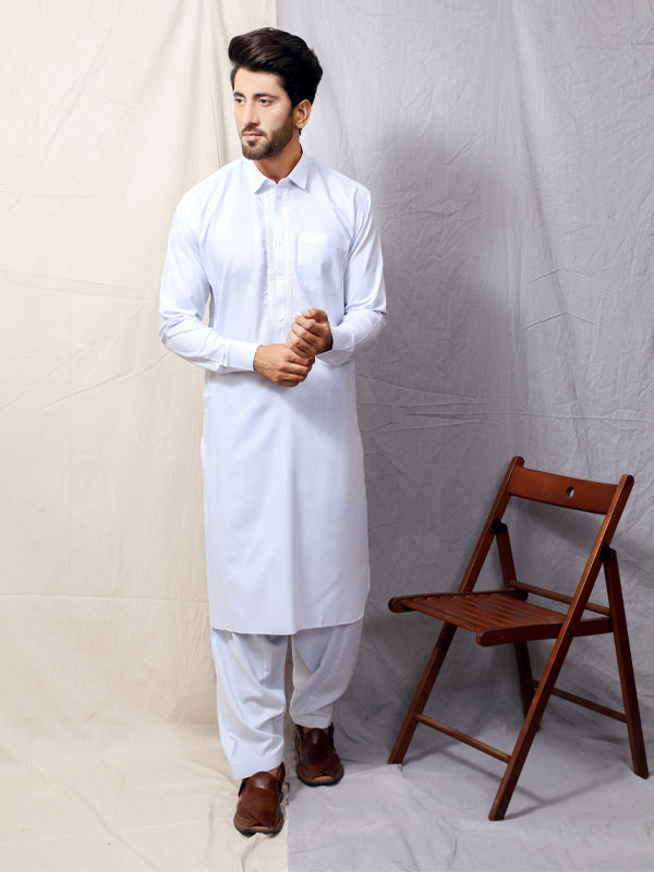 461/2E Men's Kameez Shalwar Stitched Suit Shirt Collar Neel White