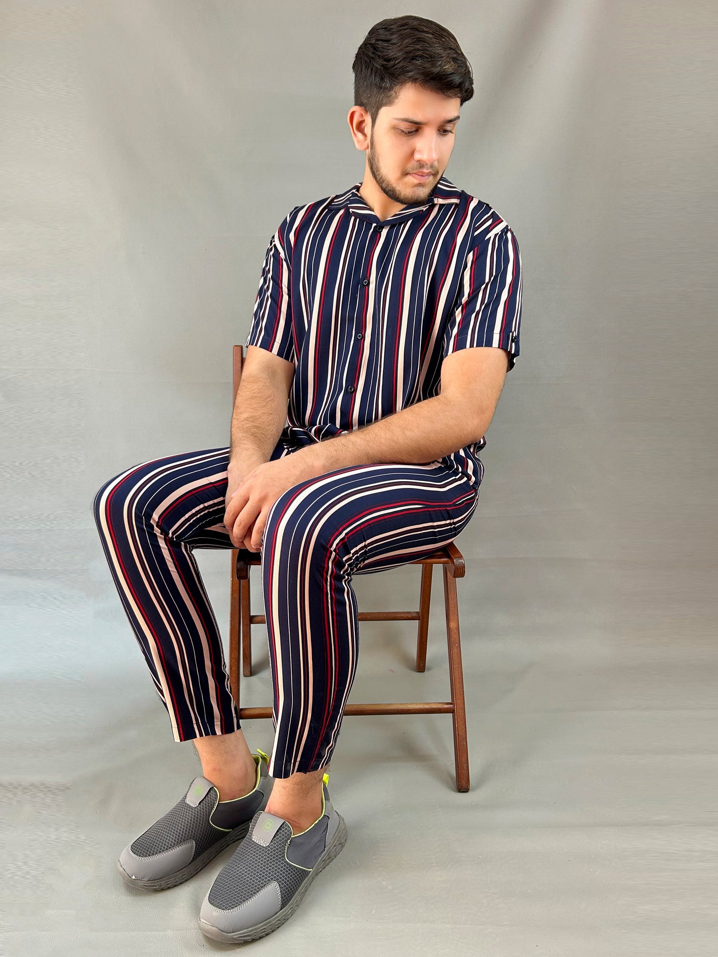 Slate Blue Striped Linen Co-Ords Set For Men MTS