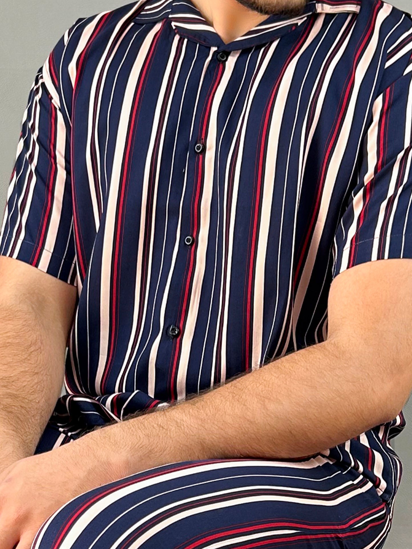 Slate Blue Striped Linen Co-Ords Set For Men MTS