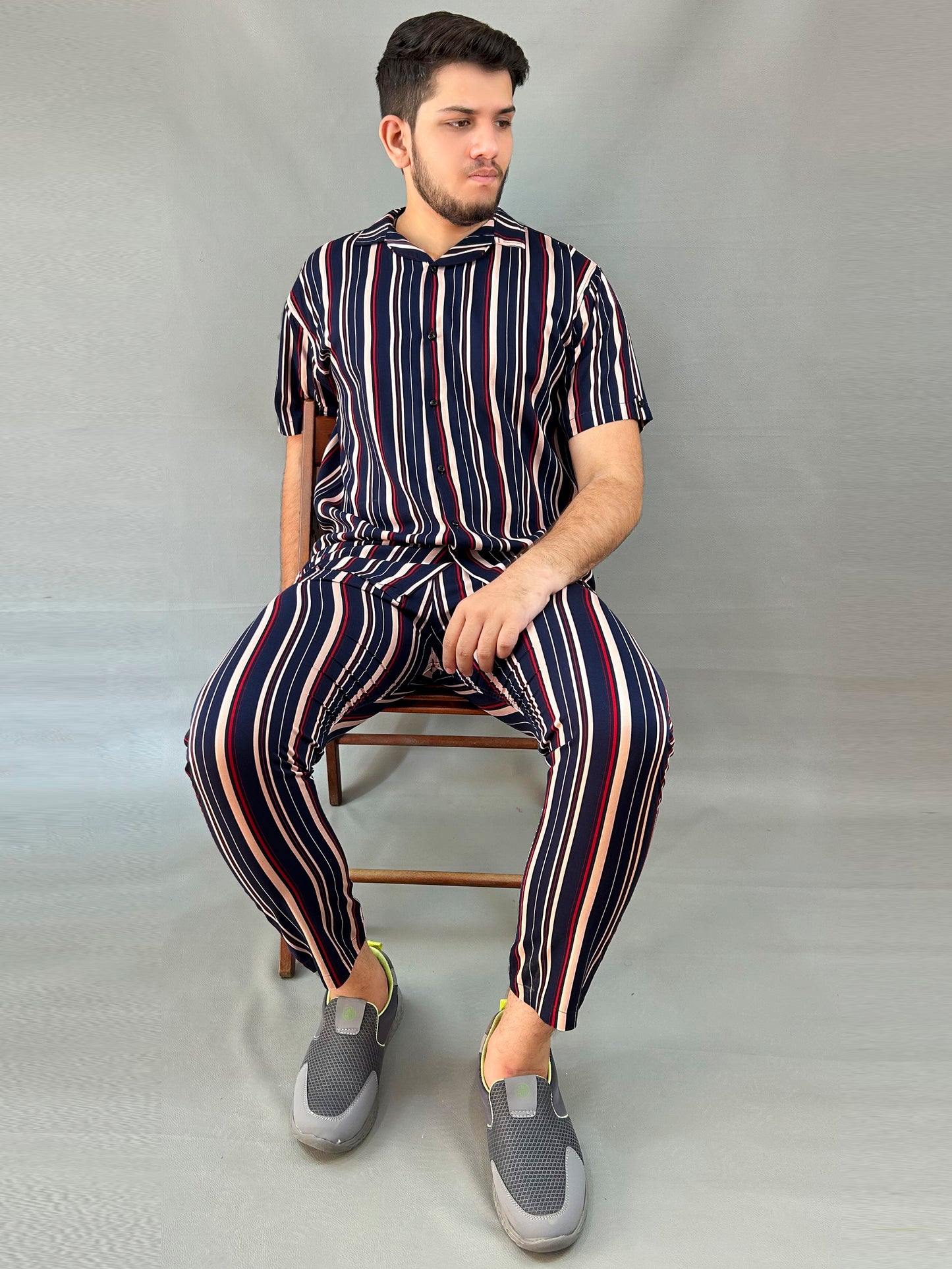 Slate Blue Striped Linen Co-Ords Set For Men MTS