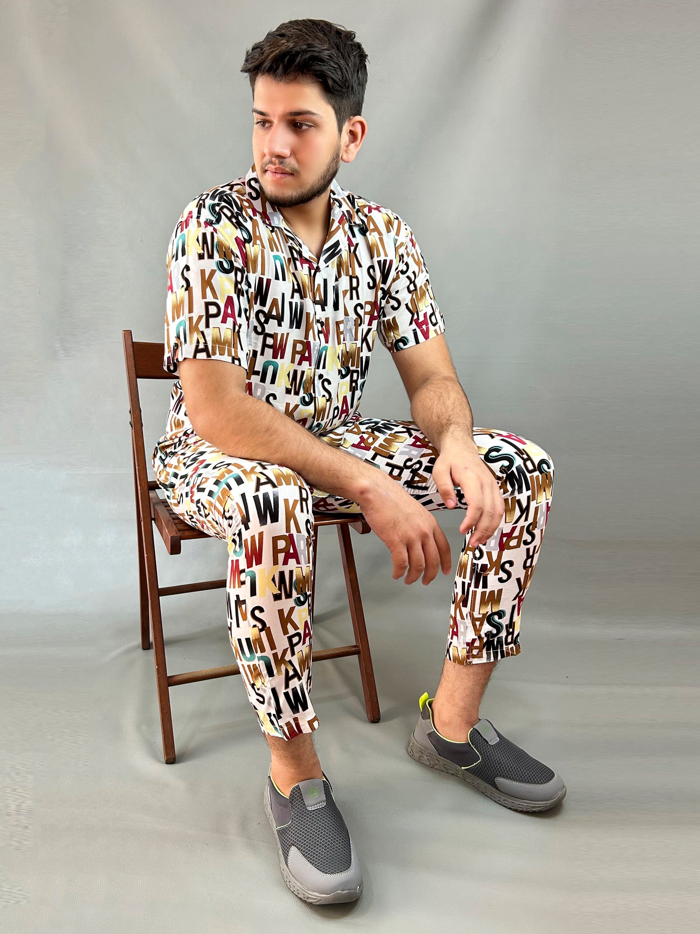 White Alphabets Printed Linen Co-Ords Set For Men MTS