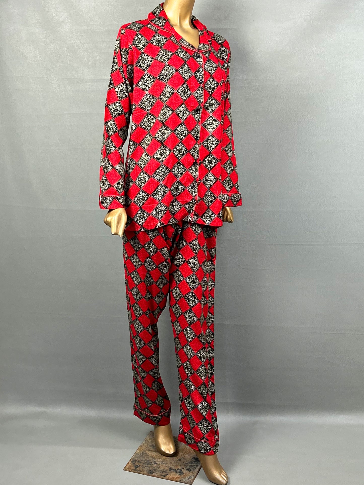 Red Linen Printed Night Suit For Women WNS11