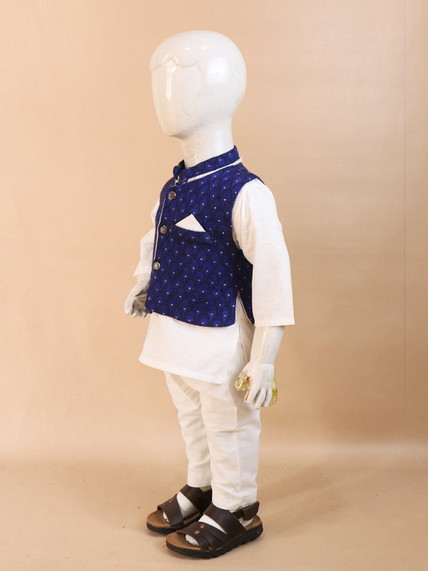 1Yrs - 9Yrs Dark Blue Waistcoat with White Kurta Pajama Suit For Boys BKS69