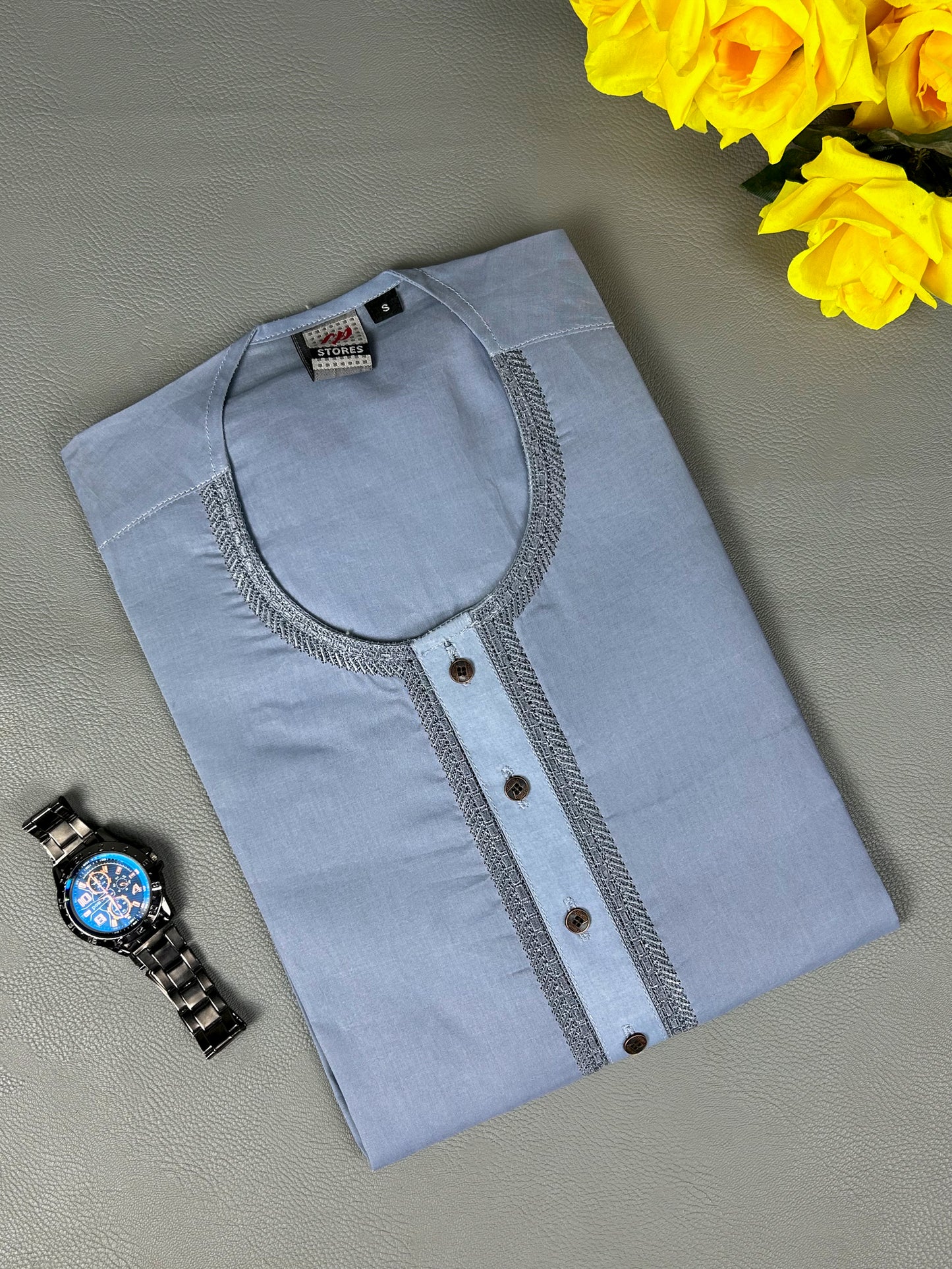 Light Grey 100% Cotton Magsi Collar Kurta for Men MK10
