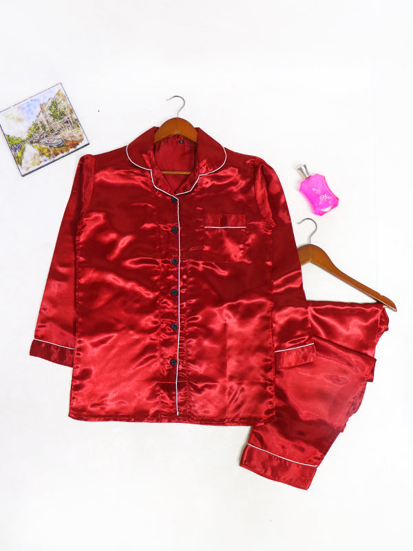 Red Plain Silk Night Suit For Womens/Girls WNS02