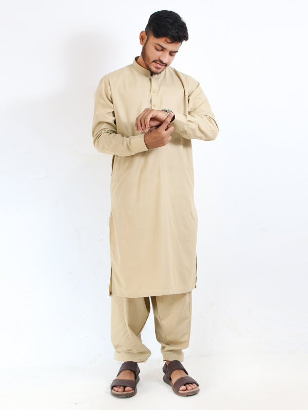 828/1 Men's Kameez Shalwar Stitched Suit Fawn 4