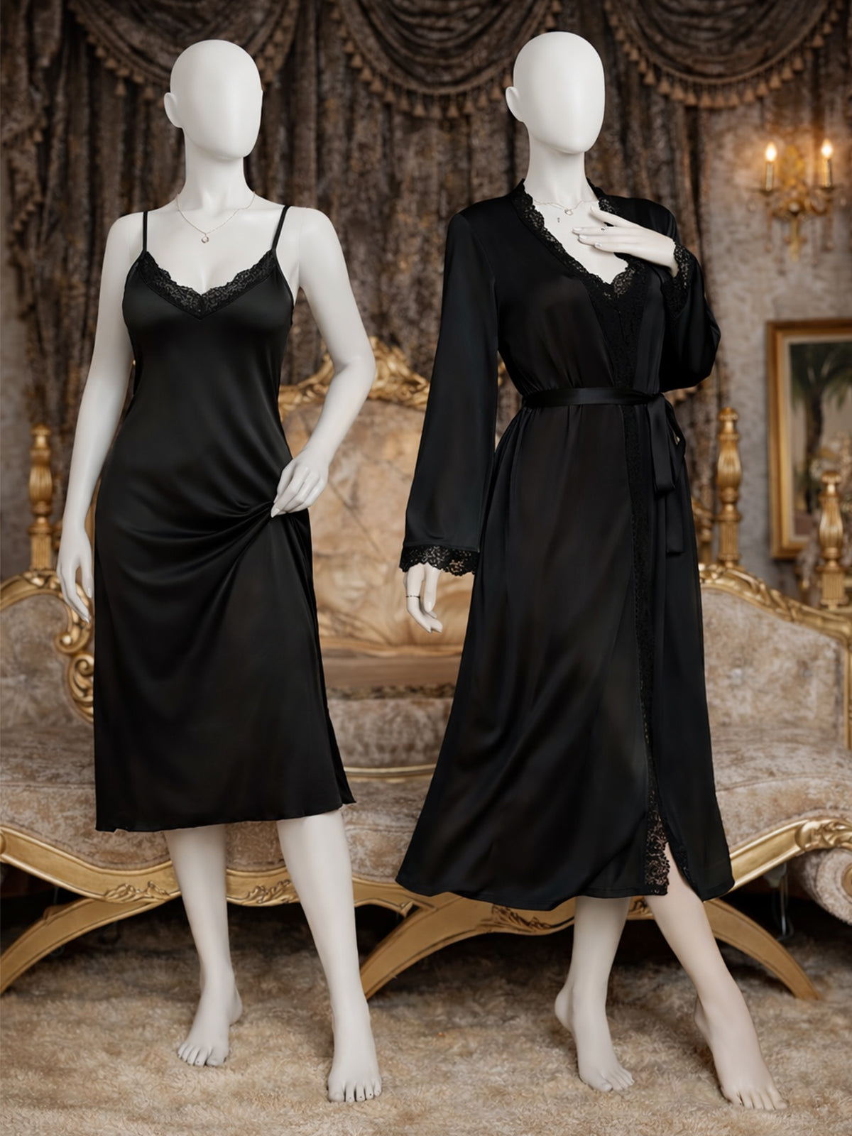 2 Piece Satin Black Nighty With Gown for Girls and Women WSN09