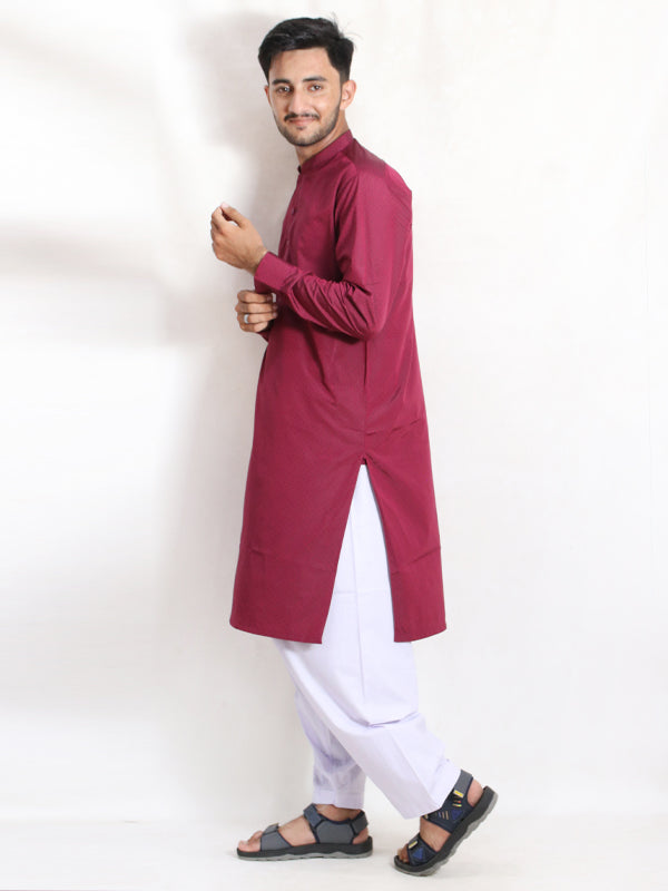 MSK32 Men's Chambray Kameez Shalwar Stitched Suit Cuff Dark Maroon