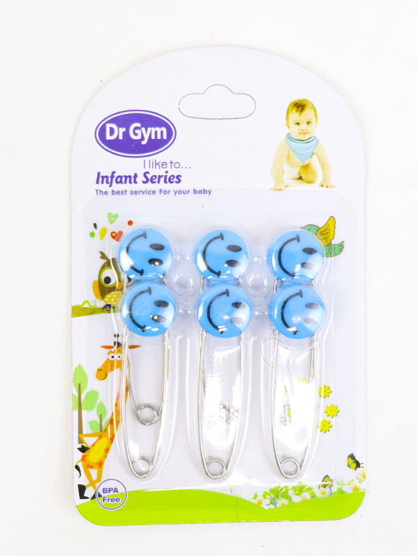 Dr Gym - NewBorn Safety Pins Smiley Blue Pack of 6