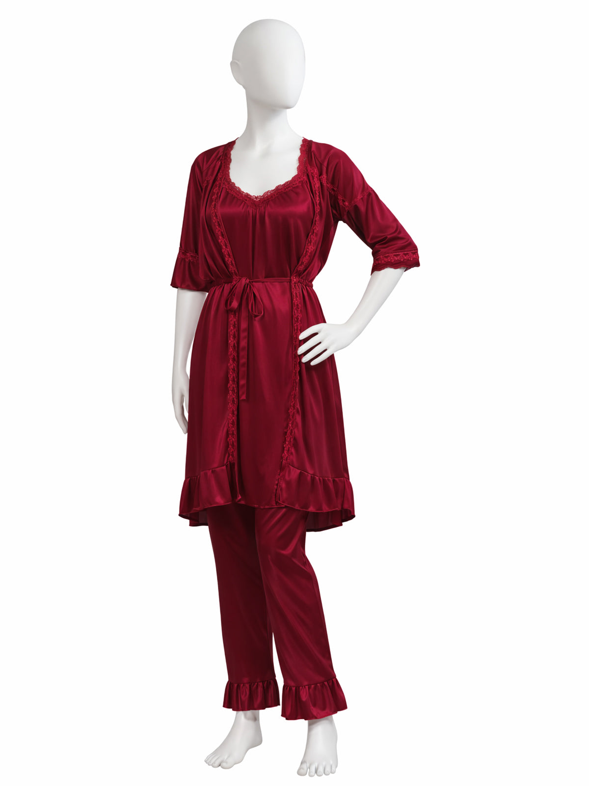 3 Piece Satin Maroon Nighty Set for Girls and Women WSN14