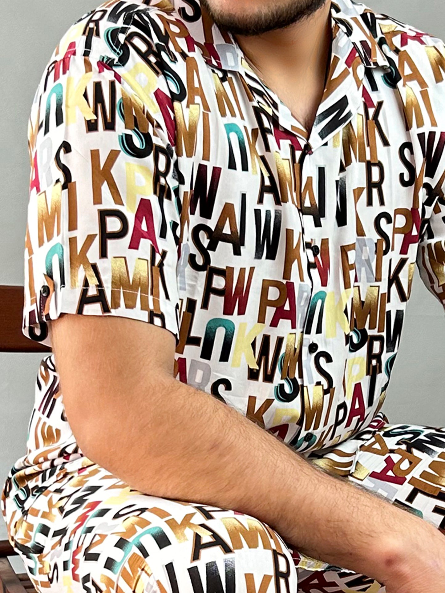 White Alphabets Printed Linen Co-Ords Set For Men MTS