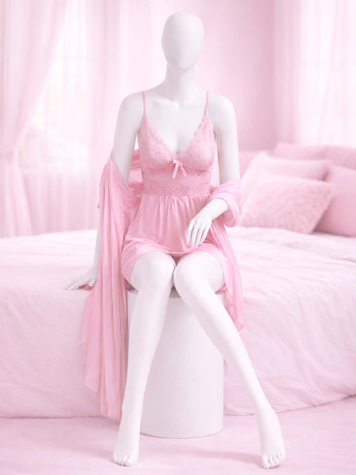 2 Piece Satin Pink Nighty Lingerie Set for Girls and Women WSN29