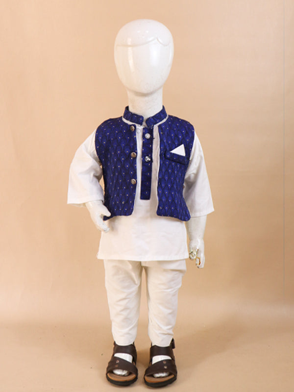 1Yrs - 9Yrs Dark Blue Waistcoat with White Kurta Pajama Suit For Boys BKS69