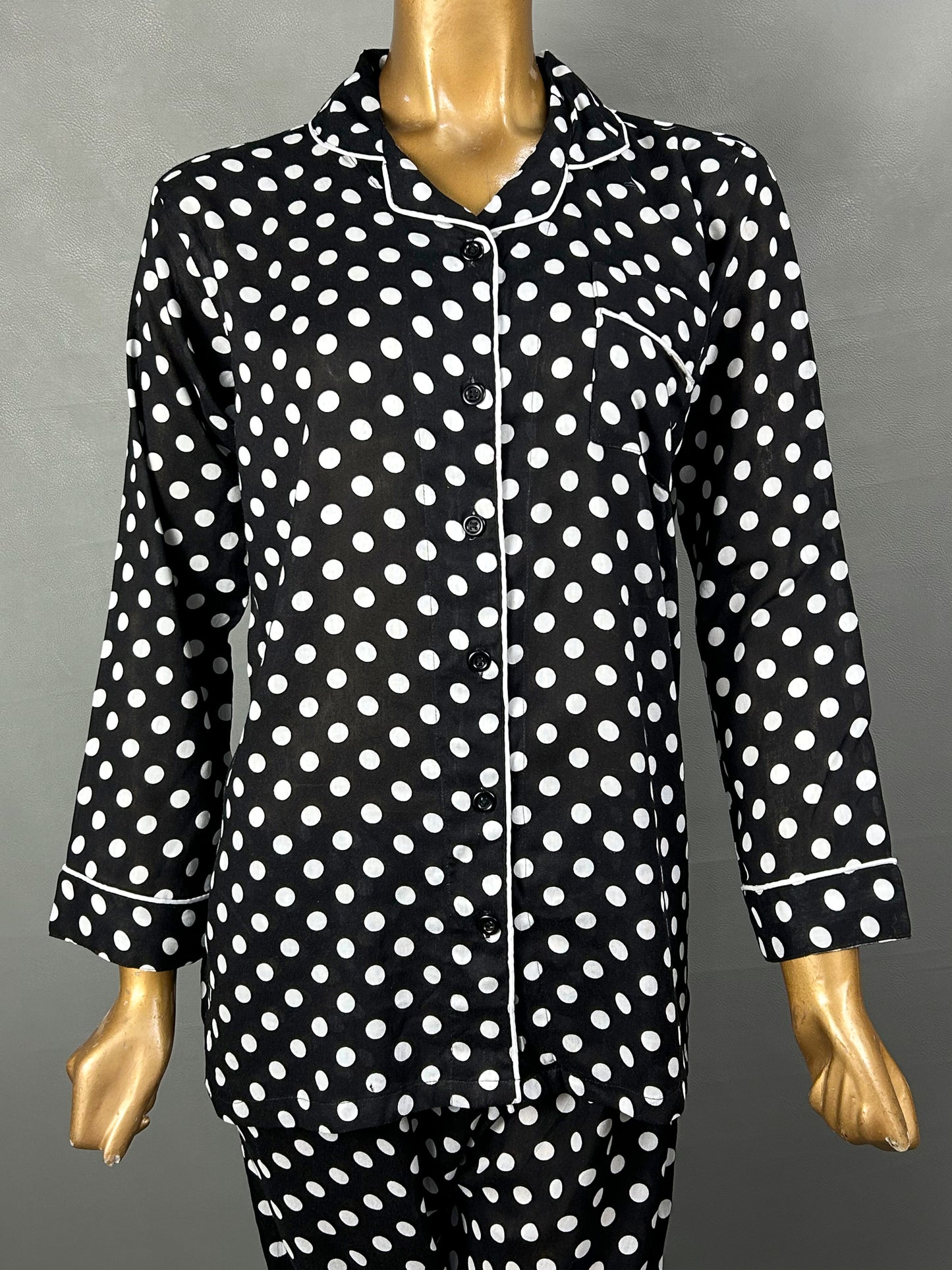 White Polka Dots Linen Printed Night Suit For Women WNS32