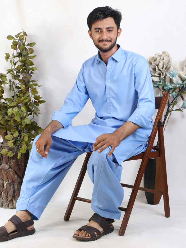 MSK47 AN Men's Kameez Shalwar Plain Stitched Suit Shirt Collar Sky Blue