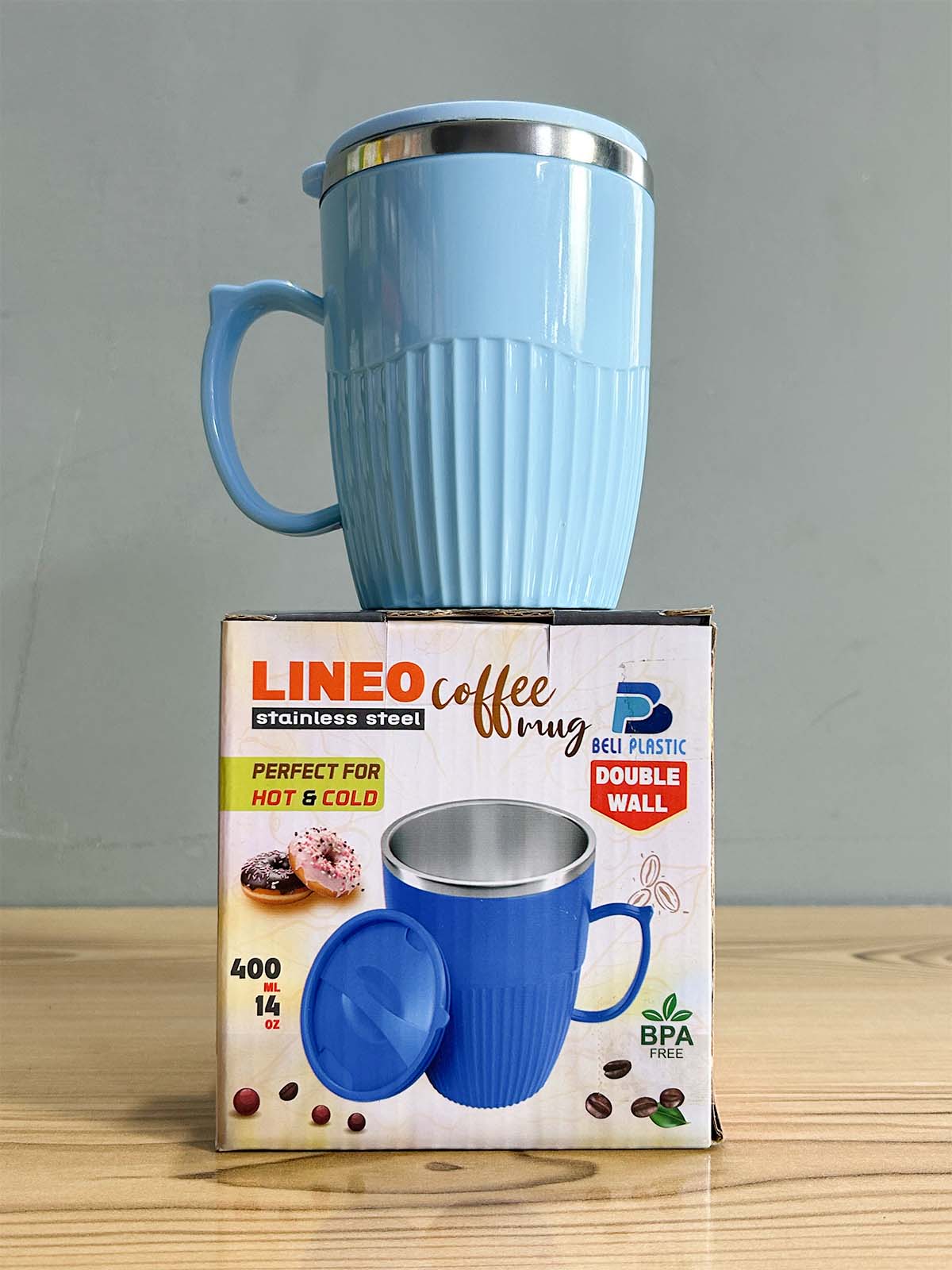 Blue Stainless Steel Coffee Mug With Cap - 400ML CM42